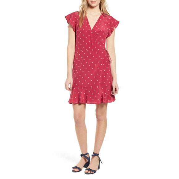 RAILS Dress Womens Medium Red Leanne Raspberry Cream Dots Silk Short Sleeve Wrap - Picture 1 of 16